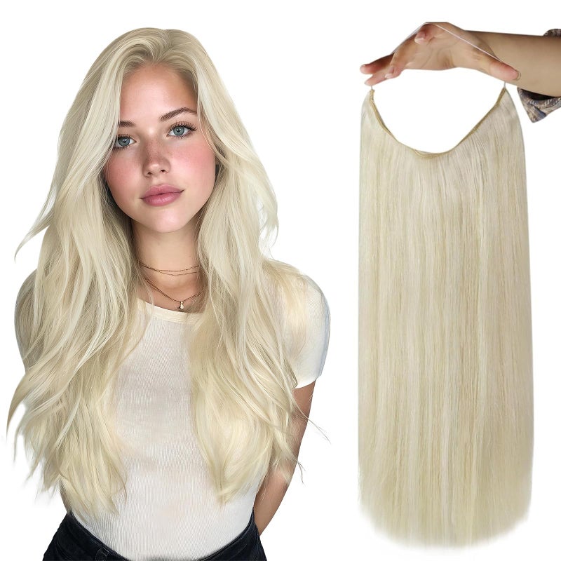 Fshine Wire Hair Extensions 20 Inch White Blonde Layered Hairpiece Straight Human Hair Transparent Fish Line Hair Clip in Hair Extension Real Human Hair 80 G